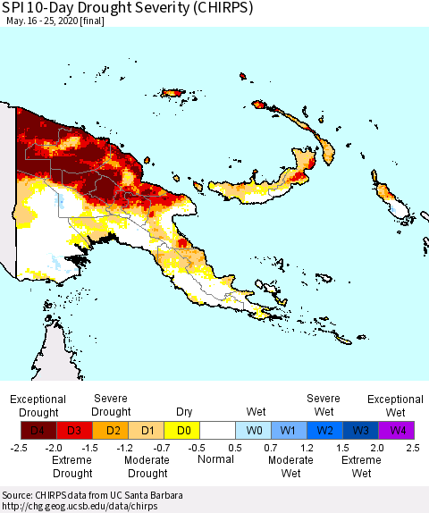 Papua New Guinea SPI 10-Day Drought Severity (CHIRPS) Thematic Map For 5/16/2020 - 5/25/2020