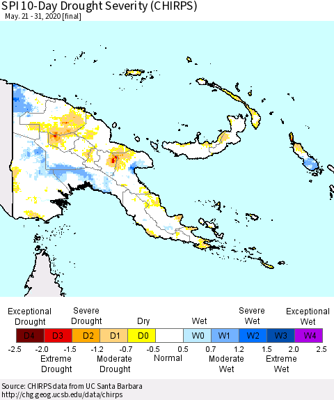 Papua New Guinea SPI 10-Day Drought Severity (CHIRPS) Thematic Map For 5/21/2020 - 5/31/2020