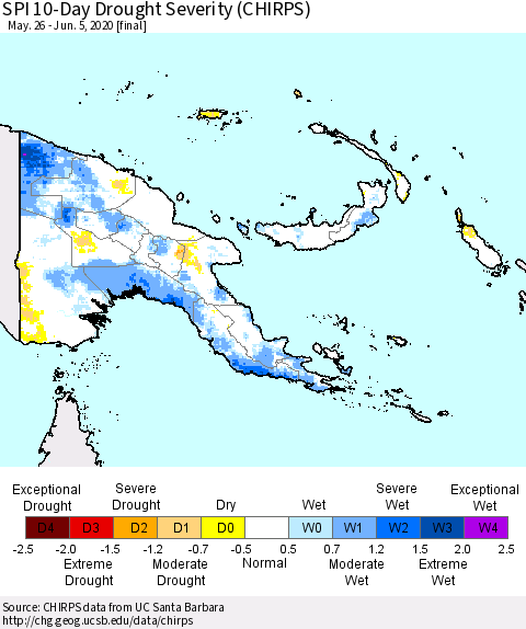 Papua New Guinea SPI 10-Day Drought Severity (CHIRPS) Thematic Map For 5/26/2020 - 6/5/2020