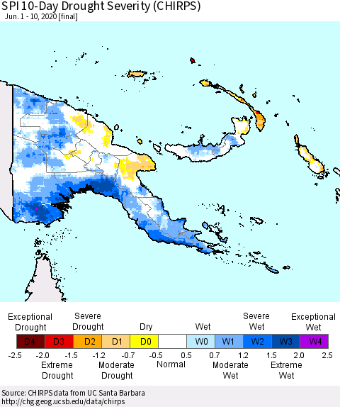 Papua New Guinea SPI 10-Day Drought Severity (CHIRPS) Thematic Map For 6/1/2020 - 6/10/2020