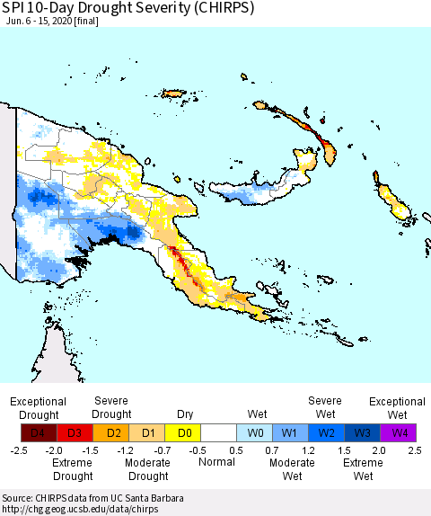 Papua New Guinea SPI 10-Day Drought Severity (CHIRPS) Thematic Map For 6/6/2020 - 6/15/2020
