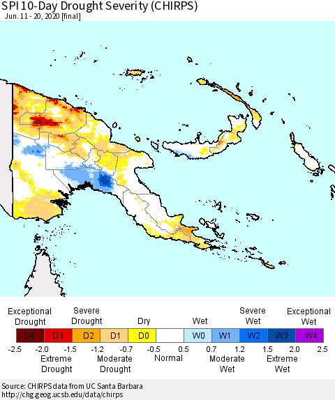 Papua New Guinea SPI 10-Day Drought Severity (CHIRPS) Thematic Map For 6/11/2020 - 6/20/2020