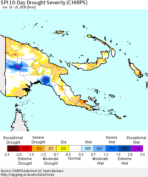 Papua New Guinea SPI 10-Day Drought Severity (CHIRPS) Thematic Map For 6/16/2020 - 6/25/2020
