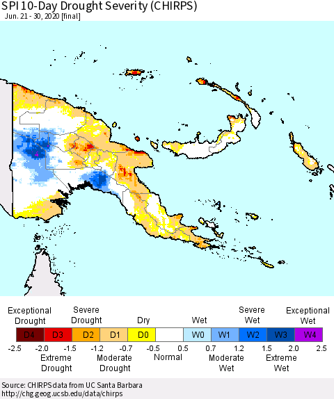 Papua New Guinea SPI 10-Day Drought Severity (CHIRPS) Thematic Map For 6/21/2020 - 6/30/2020
