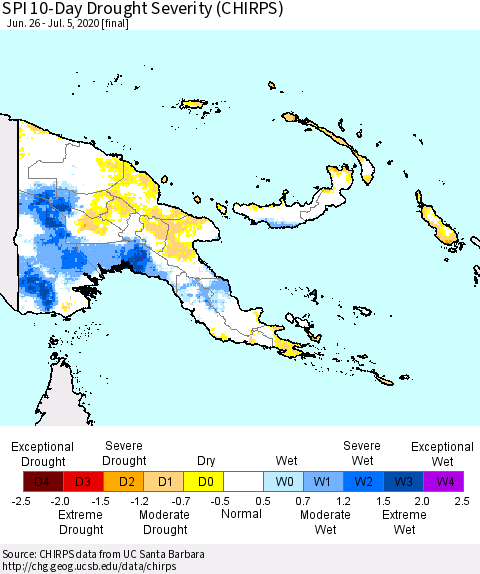 Papua New Guinea SPI 10-Day Drought Severity (CHIRPS) Thematic Map For 6/26/2020 - 7/5/2020