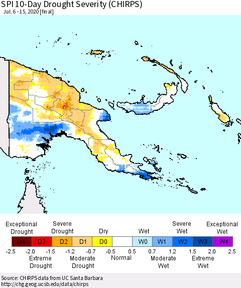 Papua New Guinea SPI 10-Day Drought Severity (CHIRPS) Thematic Map For 7/6/2020 - 7/15/2020