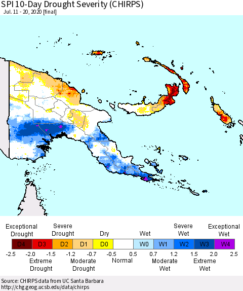 Papua New Guinea SPI 10-Day Drought Severity (CHIRPS) Thematic Map For 7/11/2020 - 7/20/2020