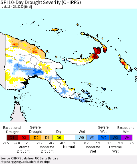 Papua New Guinea SPI 10-Day Drought Severity (CHIRPS) Thematic Map For 7/16/2020 - 7/25/2020