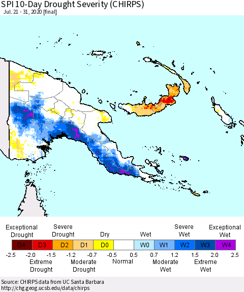 Papua New Guinea SPI 10-Day Drought Severity (CHIRPS) Thematic Map For 7/21/2020 - 7/31/2020