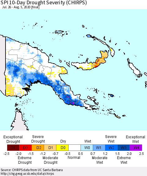 Papua New Guinea SPI 10-Day Drought Severity (CHIRPS) Thematic Map For 7/26/2020 - 8/5/2020