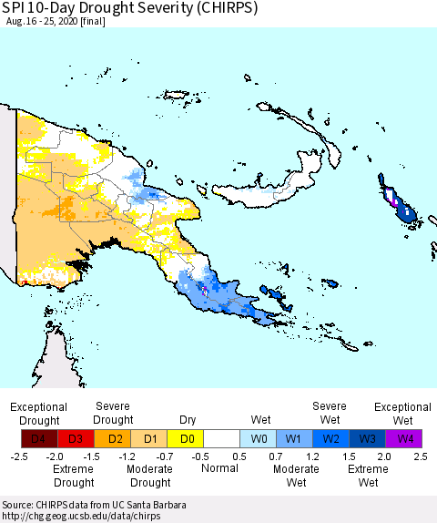 Papua New Guinea SPI 10-Day Drought Severity (CHIRPS) Thematic Map For 8/16/2020 - 8/25/2020