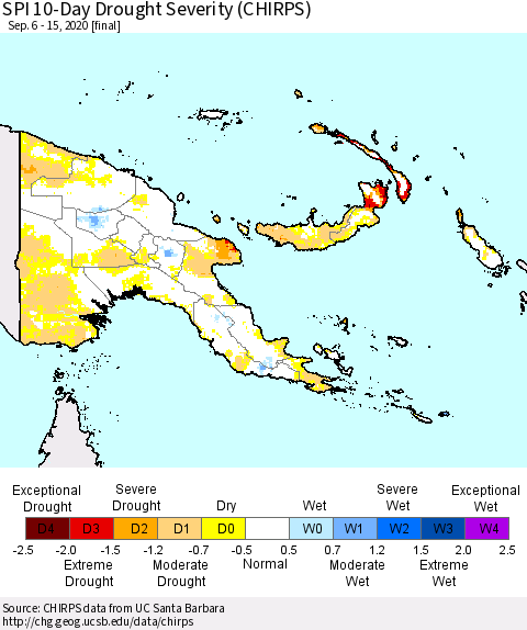 Papua New Guinea SPI 10-Day Drought Severity (CHIRPS) Thematic Map For 9/6/2020 - 9/15/2020