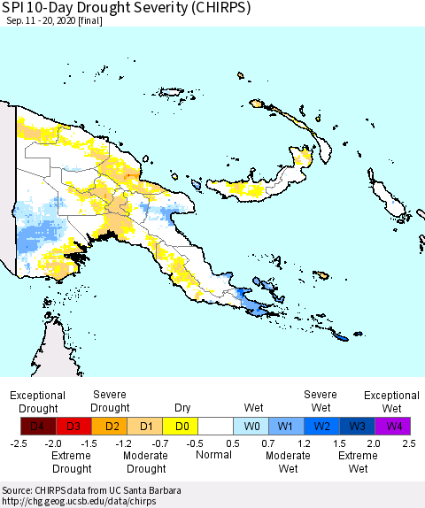 Papua New Guinea SPI 10-Day Drought Severity (CHIRPS) Thematic Map For 9/11/2020 - 9/20/2020