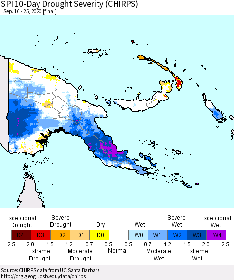 Papua New Guinea SPI 10-Day Drought Severity (CHIRPS) Thematic Map For 9/16/2020 - 9/25/2020