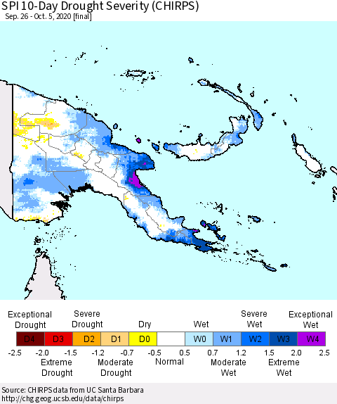 Papua New Guinea SPI 10-Day Drought Severity (CHIRPS) Thematic Map For 9/26/2020 - 10/5/2020