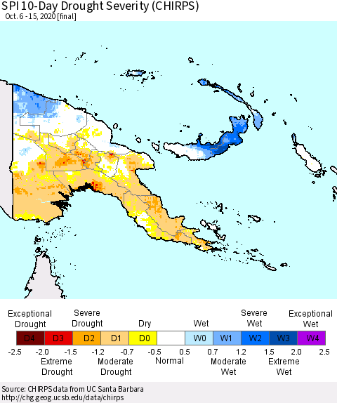 Papua New Guinea SPI 10-Day Drought Severity (CHIRPS) Thematic Map For 10/6/2020 - 10/15/2020
