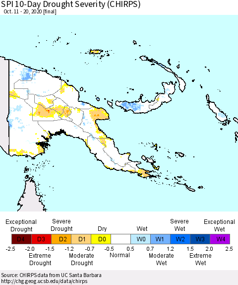 Papua New Guinea SPI 10-Day Drought Severity (CHIRPS) Thematic Map For 10/11/2020 - 10/20/2020
