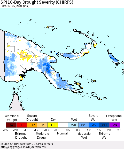 Papua New Guinea SPI 10-Day Drought Severity (CHIRPS) Thematic Map For 10/16/2020 - 10/25/2020