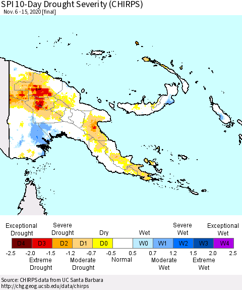 Papua New Guinea SPI 10-Day Drought Severity (CHIRPS) Thematic Map For 11/6/2020 - 11/15/2020