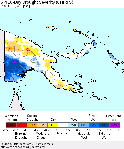 Papua New Guinea SPI 10-Day Drought Severity (CHIRPS) Thematic Map For 11/11/2020 - 11/20/2020