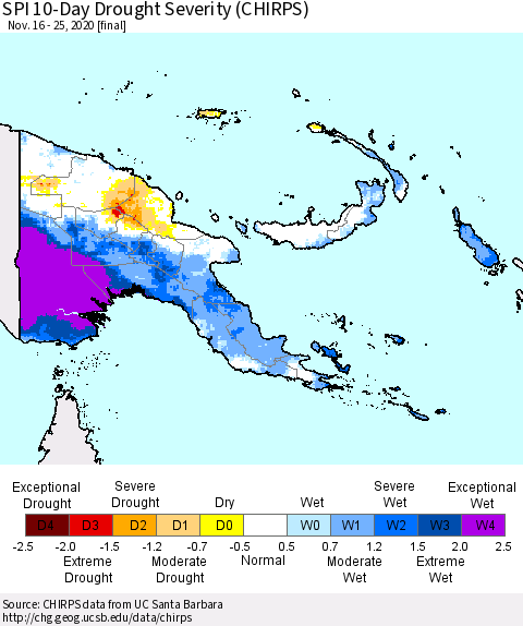 Papua New Guinea SPI 10-Day Drought Severity (CHIRPS) Thematic Map For 11/16/2020 - 11/25/2020