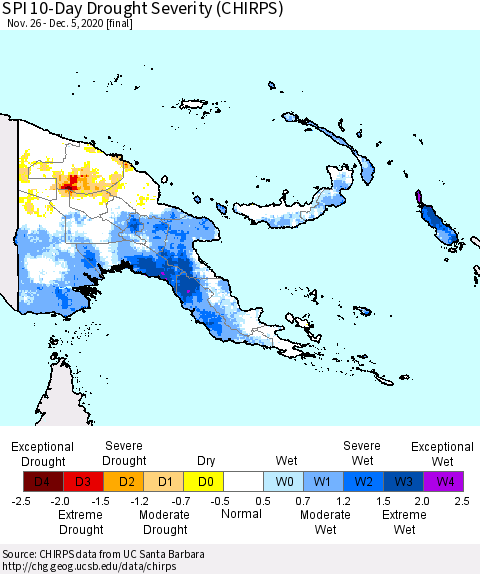 Papua New Guinea SPI 10-Day Drought Severity (CHIRPS) Thematic Map For 11/26/2020 - 12/5/2020