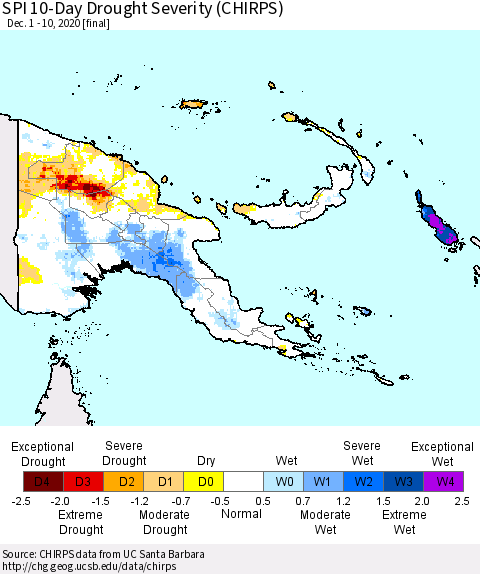 Papua New Guinea SPI 10-Day Drought Severity (CHIRPS) Thematic Map For 12/1/2020 - 12/10/2020