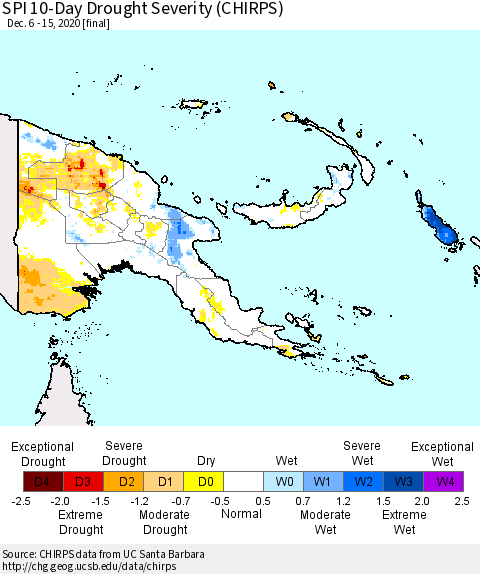 Papua New Guinea SPI 10-Day Drought Severity (CHIRPS) Thematic Map For 12/6/2020 - 12/15/2020