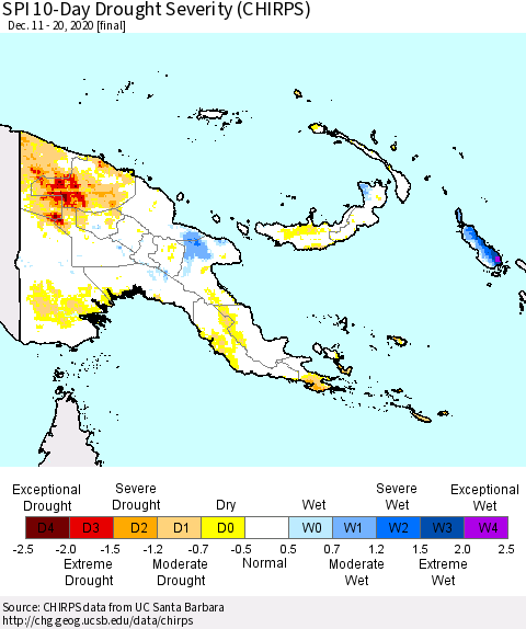 Papua New Guinea SPI 10-Day Drought Severity (CHIRPS) Thematic Map For 12/11/2020 - 12/20/2020