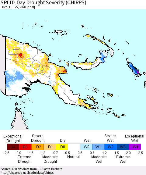 Papua New Guinea SPI 10-Day Drought Severity (CHIRPS) Thematic Map For 12/16/2020 - 12/25/2020