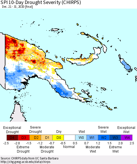 Papua New Guinea SPI 10-Day Drought Severity (CHIRPS) Thematic Map For 12/21/2020 - 12/31/2020