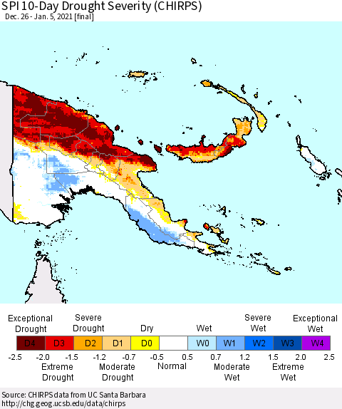 Papua New Guinea SPI 10-Day Drought Severity (CHIRPS) Thematic Map For 12/26/2020 - 1/5/2021