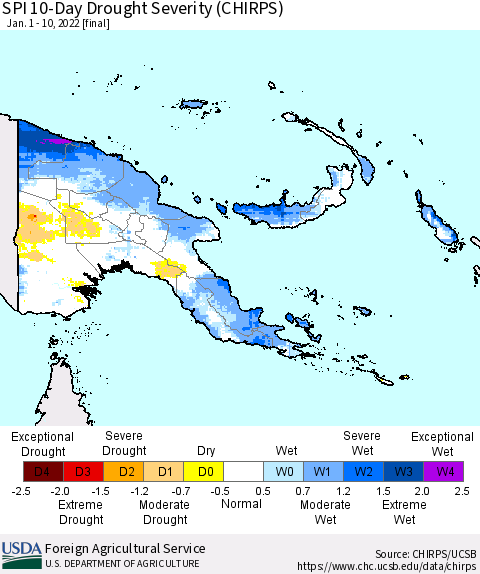 Papua New Guinea SPI 10-Day Drought Severity (CHIRPS) Thematic Map For 1/1/2022 - 1/10/2022