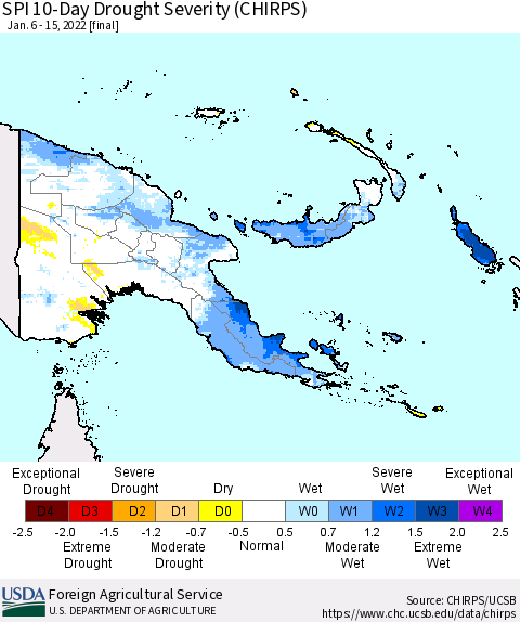 Papua New Guinea SPI 10-Day Drought Severity (CHIRPS) Thematic Map For 1/6/2022 - 1/15/2022