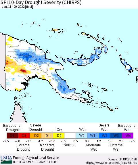 Papua New Guinea SPI 10-Day Drought Severity (CHIRPS) Thematic Map For 1/11/2022 - 1/20/2022