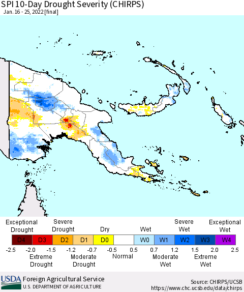 Papua New Guinea SPI 10-Day Drought Severity (CHIRPS) Thematic Map For 1/16/2022 - 1/25/2022