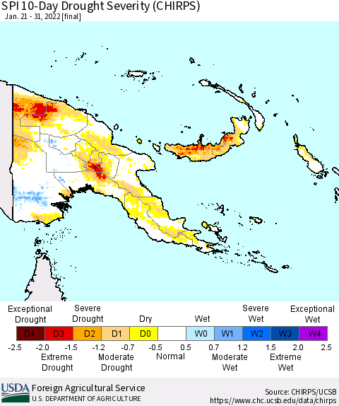 Papua New Guinea SPI 10-Day Drought Severity (CHIRPS) Thematic Map For 1/21/2022 - 1/31/2022