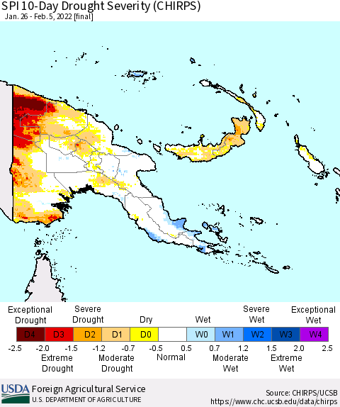 Papua New Guinea SPI 10-Day Drought Severity (CHIRPS) Thematic Map For 1/26/2022 - 2/5/2022