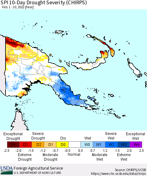 Papua New Guinea SPI 10-Day Drought Severity (CHIRPS) Thematic Map For 2/1/2022 - 2/10/2022