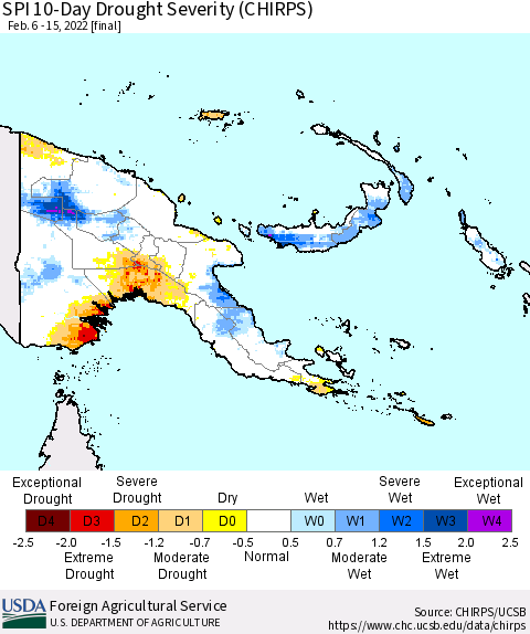 Papua New Guinea SPI 10-Day Drought Severity (CHIRPS) Thematic Map For 2/6/2022 - 2/15/2022