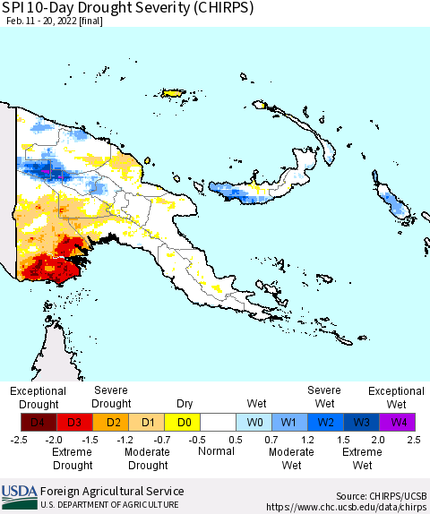 Papua New Guinea SPI 10-Day Drought Severity (CHIRPS) Thematic Map For 2/11/2022 - 2/20/2022