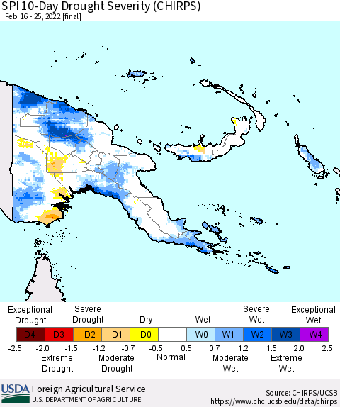 Papua New Guinea SPI 10-Day Drought Severity (CHIRPS) Thematic Map For 2/16/2022 - 2/25/2022