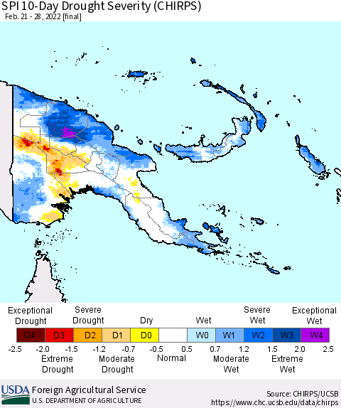 Papua New Guinea SPI 10-Day Drought Severity (CHIRPS) Thematic Map For 2/21/2022 - 2/28/2022