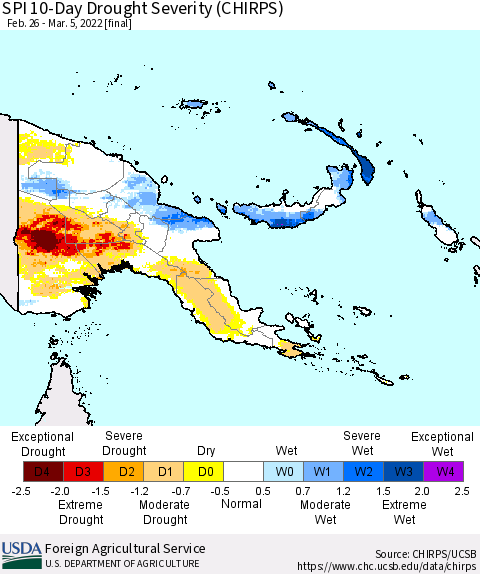 Papua New Guinea SPI 10-Day Drought Severity (CHIRPS) Thematic Map For 2/26/2022 - 3/5/2022