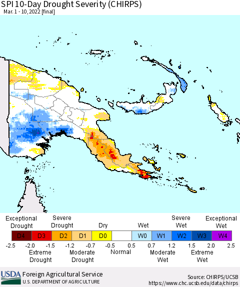 Papua New Guinea SPI 10-Day Drought Severity (CHIRPS) Thematic Map For 3/1/2022 - 3/10/2022
