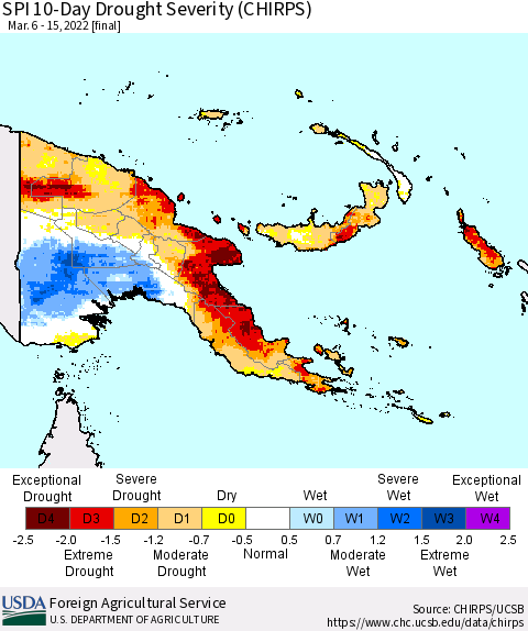 Papua New Guinea SPI 10-Day Drought Severity (CHIRPS) Thematic Map For 3/6/2022 - 3/15/2022