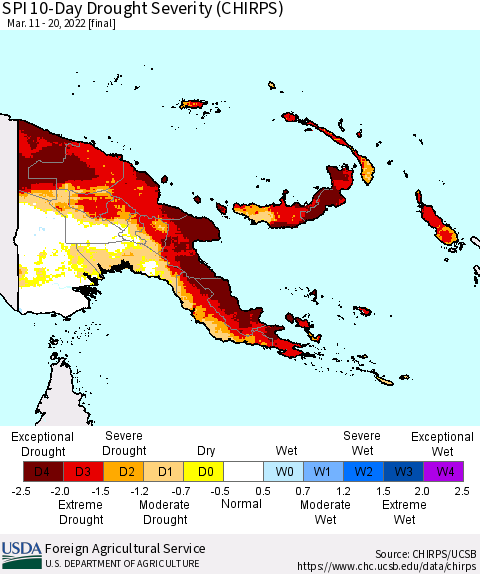Papua New Guinea SPI 10-Day Drought Severity (CHIRPS) Thematic Map For 3/11/2022 - 3/20/2022