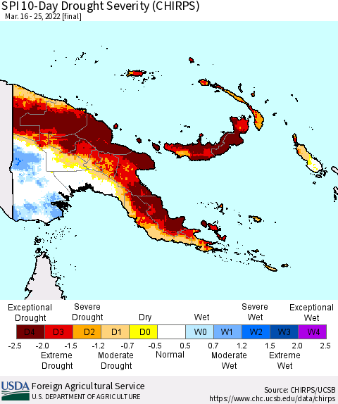 Papua New Guinea SPI 10-Day Drought Severity (CHIRPS) Thematic Map For 3/16/2022 - 3/25/2022