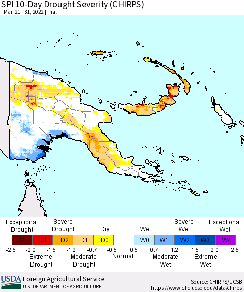 Papua New Guinea SPI 10-Day Drought Severity (CHIRPS) Thematic Map For 3/21/2022 - 3/31/2022