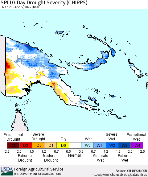 Papua New Guinea SPI 10-Day Drought Severity (CHIRPS) Thematic Map For 3/26/2022 - 4/5/2022